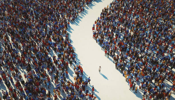 Man walking in crowds of people. 3D generated image.